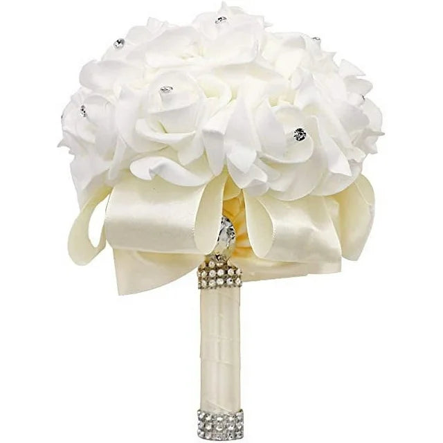 Firefly hope Wedding Bouquets Ivory,Bride Toss Artificial Rose Holding Flower with Crystals Soft Ribbons and Diamond for Engagement Valentine's Day