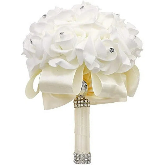 Firefly hope Wedding Bouquets Ivory,Bride Toss Artificial Rose Holding Flower with Crystals Soft Ribbons and Diamond for Engagement Valentine's Day