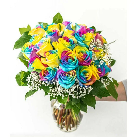 Two Dozen Rainbow Tie Dye Roses in a Clear Glass Vase for Birthday
