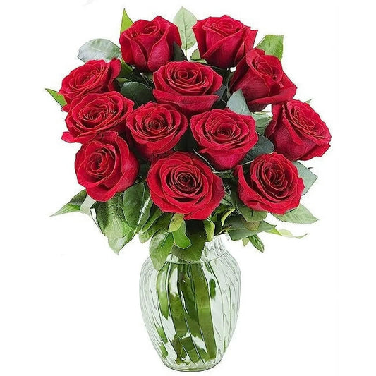 KaBloom :Bouquet of Fresh Cut Flower 12 Fresh Red Roses with Vase.