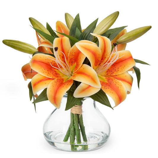 Artificial Flowers Tiger Lily with Vase Gradient Orange Lilies Silk Faux Flowers Arrangements in Glass Vase with Faux Water Fake Floral Bulk Bouquet for Home Decor Office Table Centerpiece Decoration