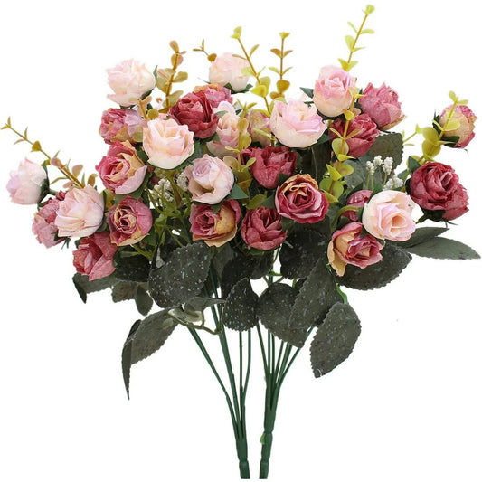 Artificial Silk Fake Flowers Rose 7 Branch 21 Heads Leaf Rose Wedding Floral Decor Bouquet,Pack of 2 Small Size (Pink Coffee)