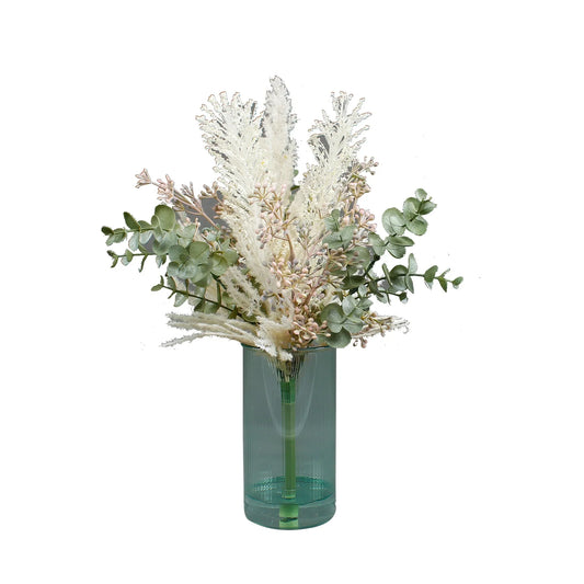 Artificial Mixed Floral Arrangement in Green Ribbed Glass Vase for Tabletops