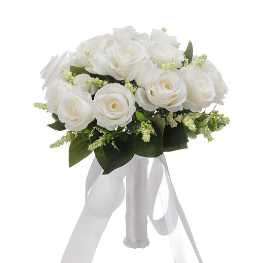 IPEWLEX Gold and White Silk Flower Wedding Bouquet - Elegant Artificial Bride's Hand Flowers for Outdoor Forest Ceremonies