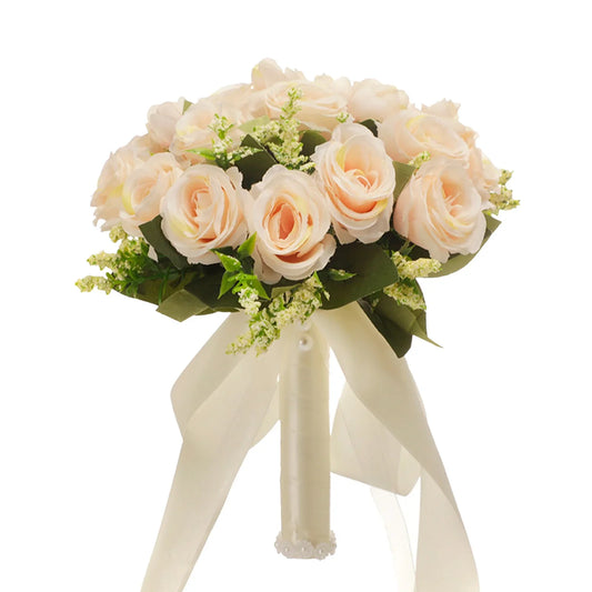IPEWLEX Gold and White Silk Flower Wedding Bouquet - Elegant Artificial Bride's Hand Flowers for Outdoor Forest Ceremonies