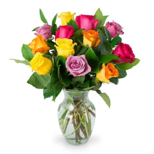 KaBloom : Bouquet of 12 Assorted Roses with vase Next-Day Delivery