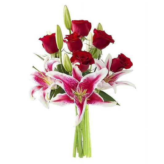 Bouquet of 6 Red Rose and 5 Pink Lilies with Vase, Next-Day Delivery