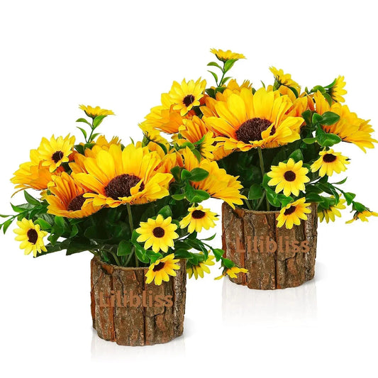 QuickBuy Set of 2 Silk Sunflowers Artificial Flowers Fake Potted Flowers Sunflower Bouquet Decorations Faux Flowers in Wooden Vase