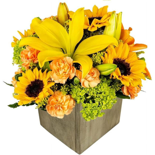 Sunny Day in Wooden Vase | Fresh Sunflowers