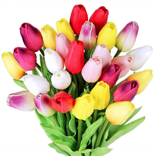 Yirtree Multicolor Tulips Artificial Flowers Faux Tulip Stems Real Feel PU Tulips