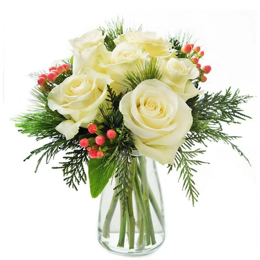 Noel White Roses Accented with Red Berries and Seasonal Greens Without Vase